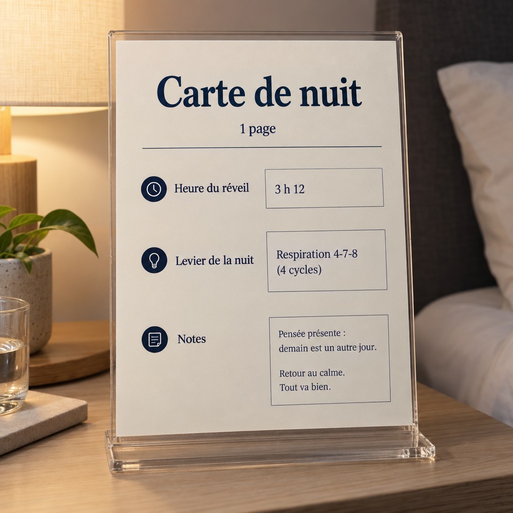 Carte de nuit, 1 page, sur la table de chevet